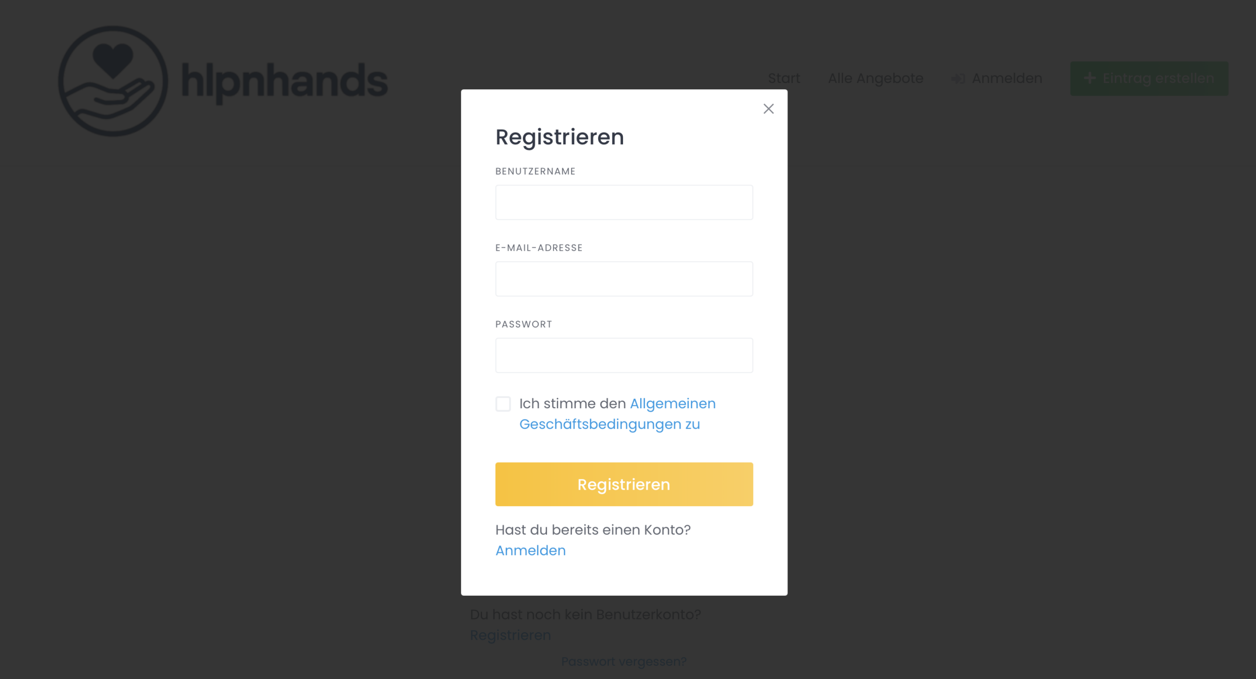 Registrierungsformular auf hlpnhands